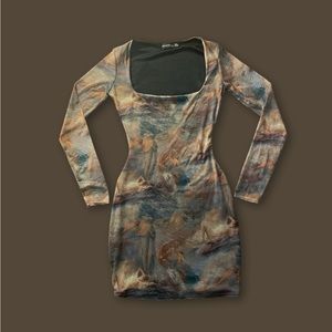 Shape Nude Renaissance Print Mesh Square Neck Bodycon Dress